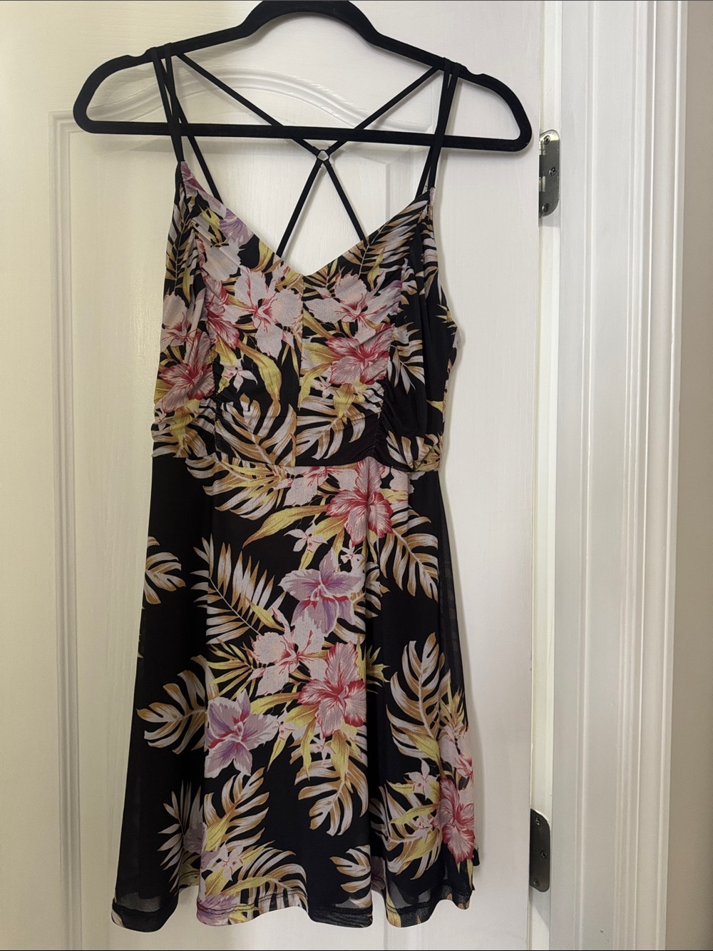 Volcom Black Floral Strappy Mini Dress with Pink & Yellow Prints